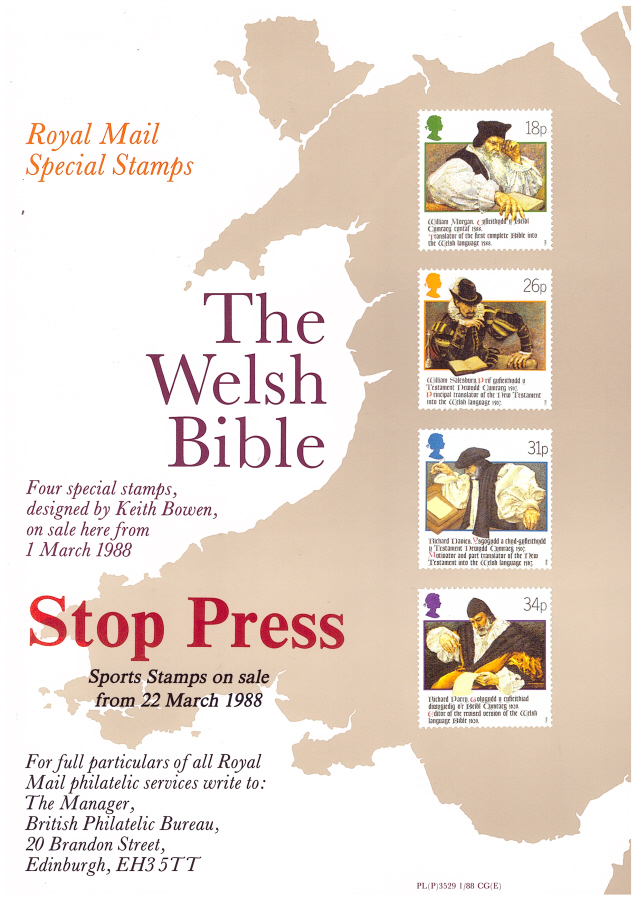(image for) 1988 Welsh Bible Post Office A4 poster. PL(P)3529 1/88 CG(E). - Click Image to Close
